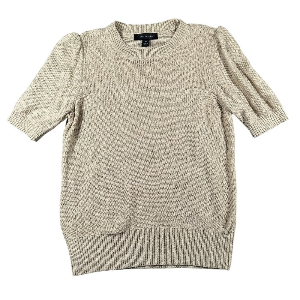 Ann Taylor‎ Sweater Womens XS Metallic Short Sleeve Puff Shoulder Pullover Knit